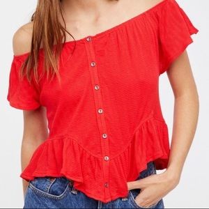 Red Knit Free People Off the Shoulder Pheasant Top